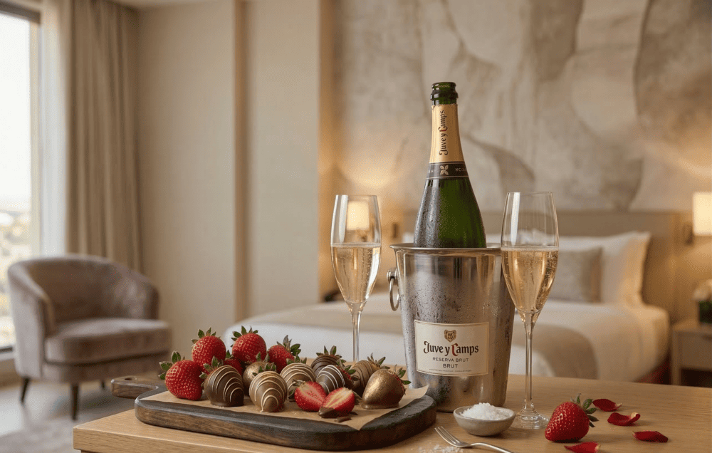 Cava y fresas con chocolate